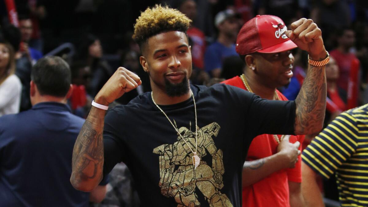 New York Giants wide receiver Odell Beckham dances on the sideline after a game between the Clippers and Memphis Grizzlies at Staples Center on April 11.