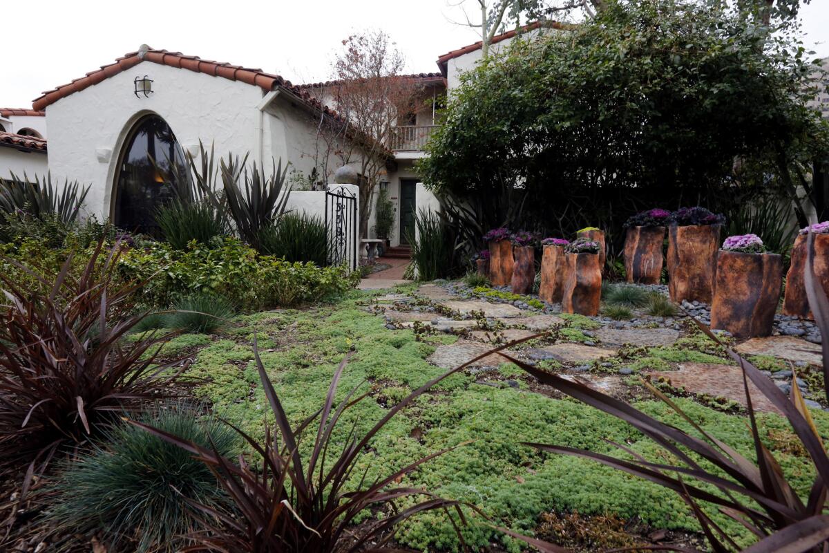 Last September, Stefani and Peter Gruenberg removed their front lawn and installed flagstone walkways, drought-tolerant groundcover dymondia margaretae and an assortment of rocks and pebbles and low-water plants. The landscape is decorated with her homemade planters.