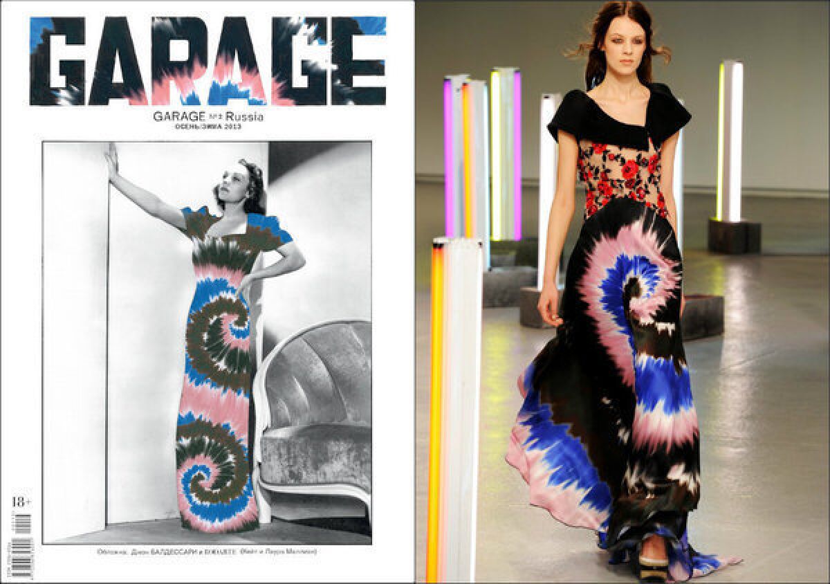 Rodarte designers Kate and Laura Mulleavy collaborated with artist John Baldessari to create the cover art (left) for Garage magazine's Fall/Winter Russian edition. The tie-dye pattern was one the duo had originally created for the Fall/Winter 2013 runway collection (right).