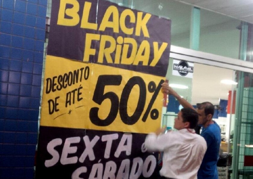 A Black Friday sale sign goes up in Sao Paulo, Brazil.