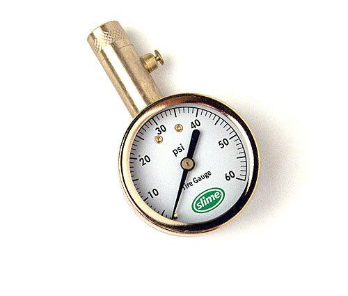 0-60 PSI Brass Tire Gauge: $6.99 Not bad, but occasionally awkward to use and read because the unit must be held in line with the valve stem. Not particularly accurate.