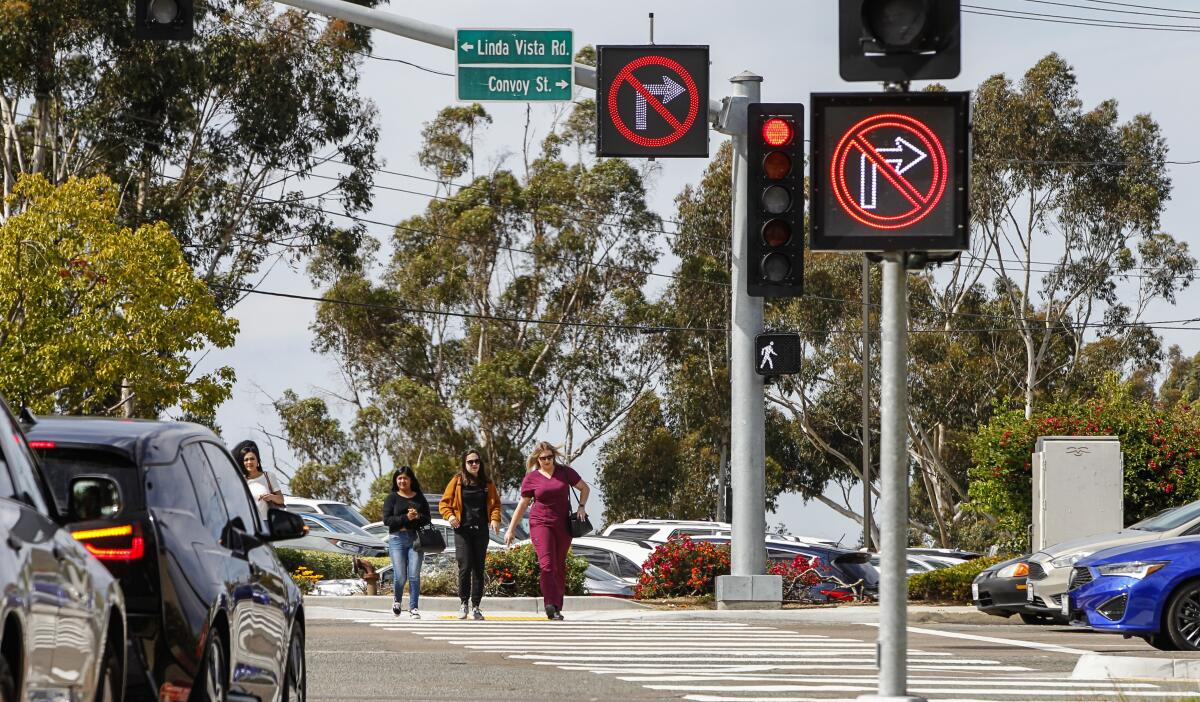 A no right turn blank-out sign alerts drivers that they must yield to pedestrians for right turns onto Convoy Street at an intersection in Linda Vista,.