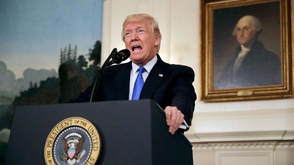President Trump speaks from the Diplomatic Room of the White House on Wednesday about the attack on Republican lawmakers at a baseball practice.