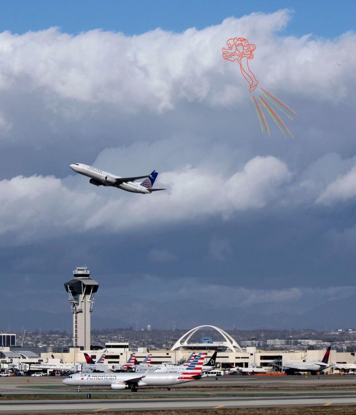 Photograph of an airplane at LAX, with an illustration of a figure in a jet pack.