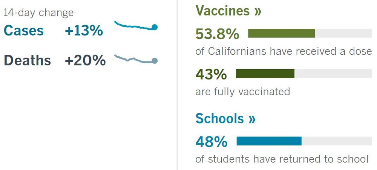 14 days: Cases +13%, deaths +20%. Vaccines: 53.8% have had a dose, 43% fully vaccinated. Schools: 48% of kids have returned.