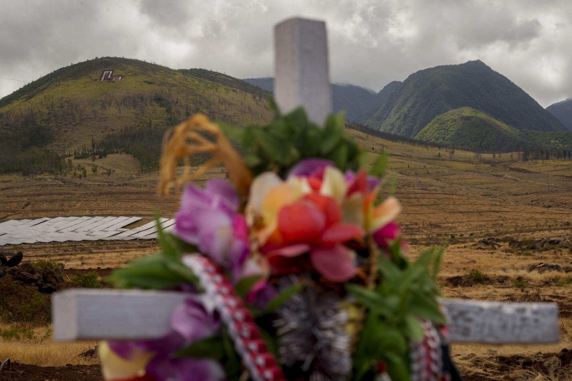 A cross is adorned with leis against a backdrop of green mountains. 