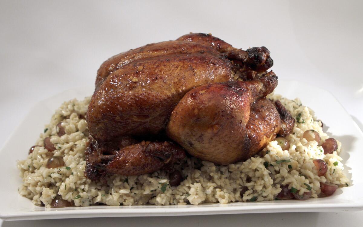 Marinated chicken stuffed with brown rice and grapes