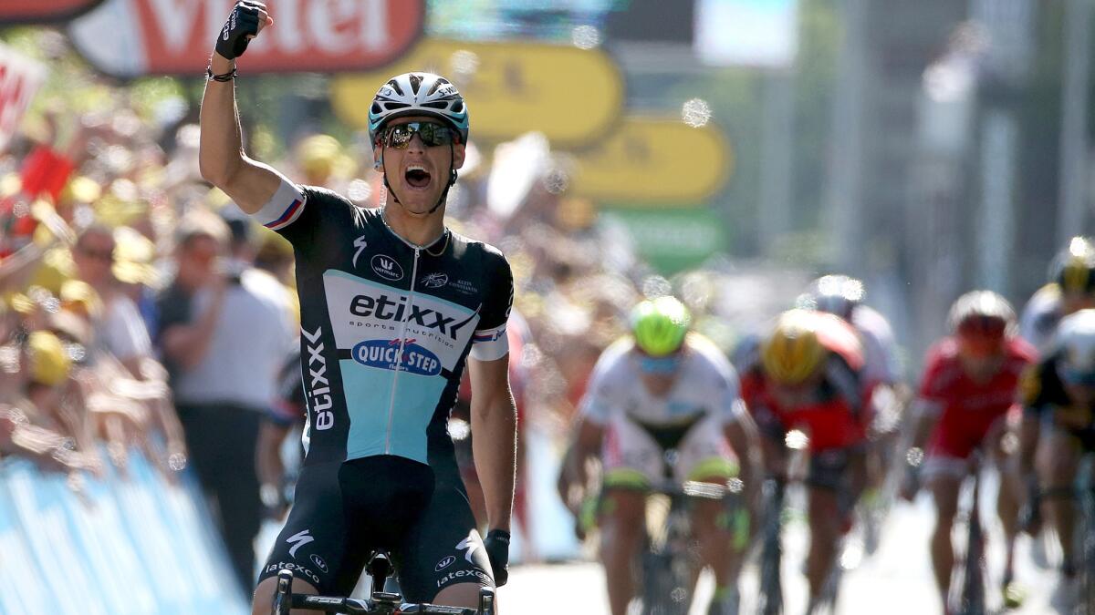 Zdenek Stybar celebrates after winning the sixth stage of the Tour de France on Thursday in Le Havre.