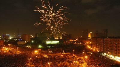 The first full day of the post-Mubarak era in Egypt is capped by a festive scene in and above Cairo.