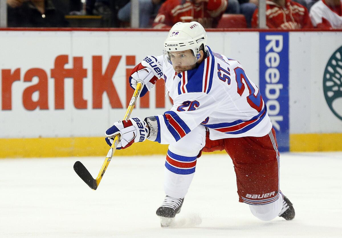 Rangers forward Martin St. Louis fires a shot in a game against the Red Wings earlier this year.