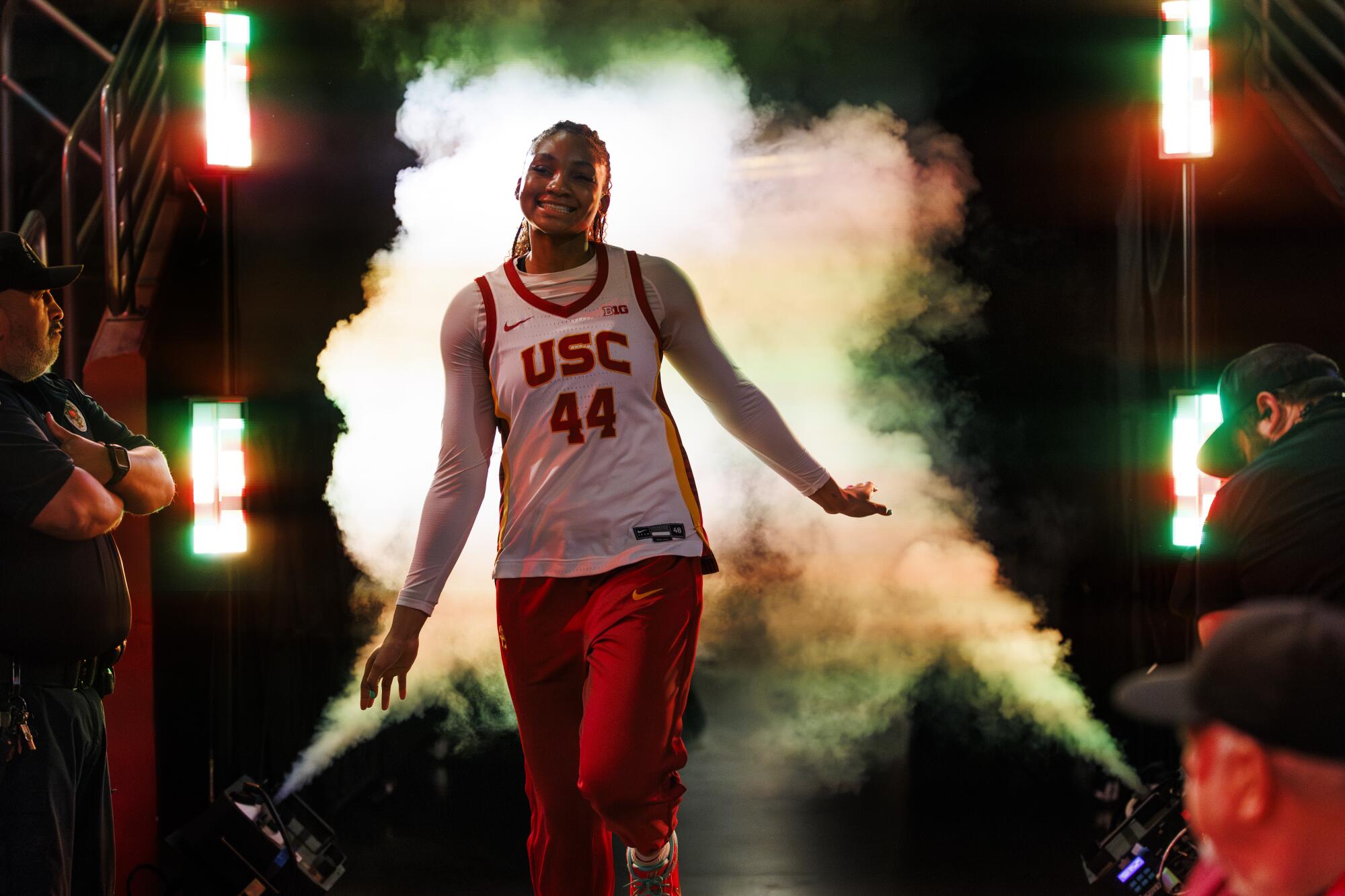 USC forward Kiki Iriafen is introduced before a win over Michigan at Galen Center on Dec. 28.