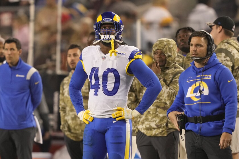 Los Angeles Rams outside linebacker Von Miller (40) watches from the sideline during the second half of an NFL football game against the San Francisco 49ers in Santa Clara, Calif., Monday, Nov. 15, 2021. (AP Photo/Tony Avelar)