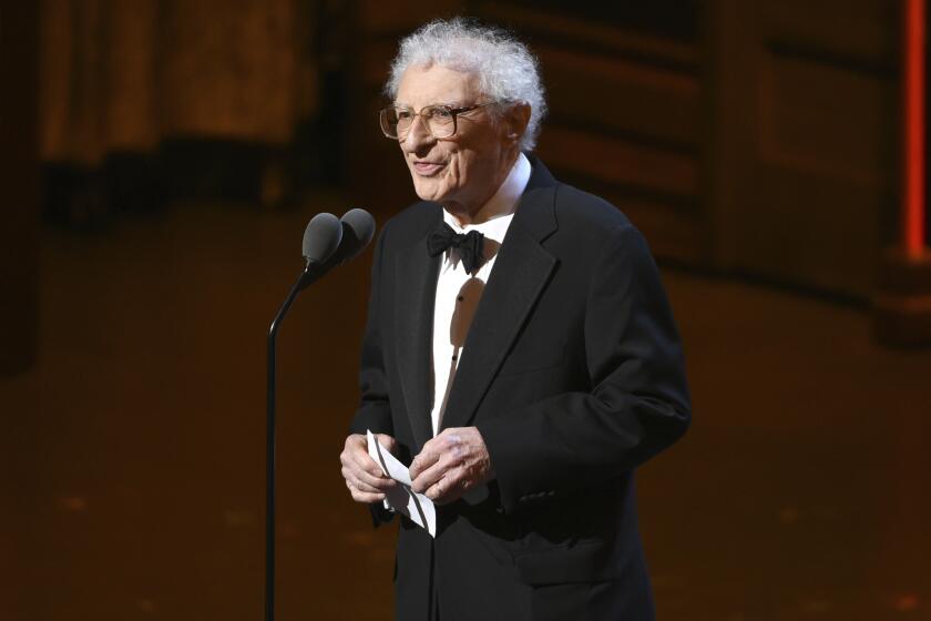 FILE - Sheldon Harnick accepts the special Tony Award for lifetime achievement in the Theatre at the Tony Awards at the Beacon Theatre on Sunday, June 12, 2016, in New York. Harnick, who with composer Jerry Bock made up the premier musical-theater songwriting duos of the 1950s and 1960s with shows such as "Fiddler on the Roof," "Fiorello!" and "The Apple Tree," died Friday. He was 99. (Photo by Evan Agostini/Invision/AP, File)