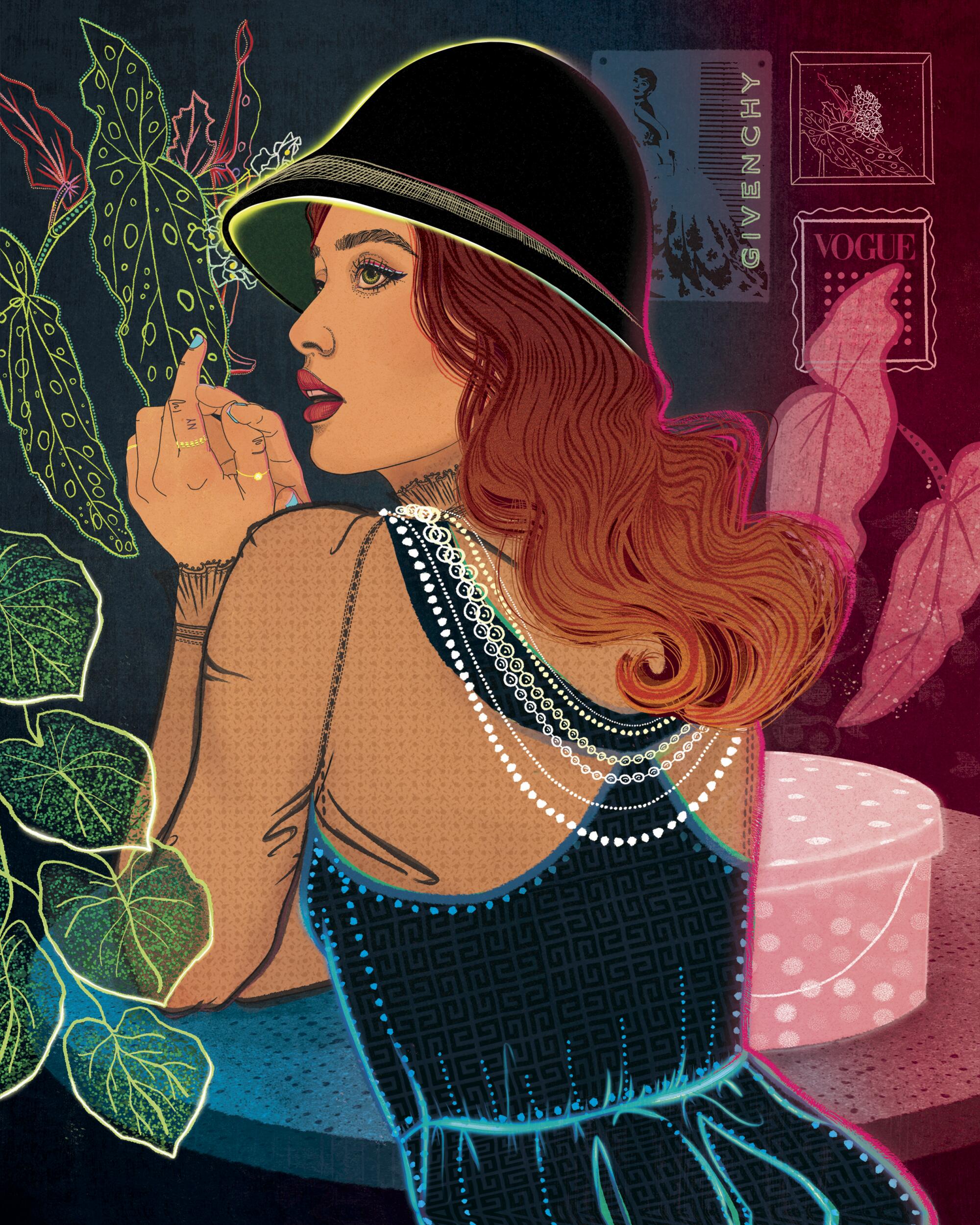 Illustration of a woman wearing Audrey Hepburn- and Givenchy-inspired dress and cloche hat.
