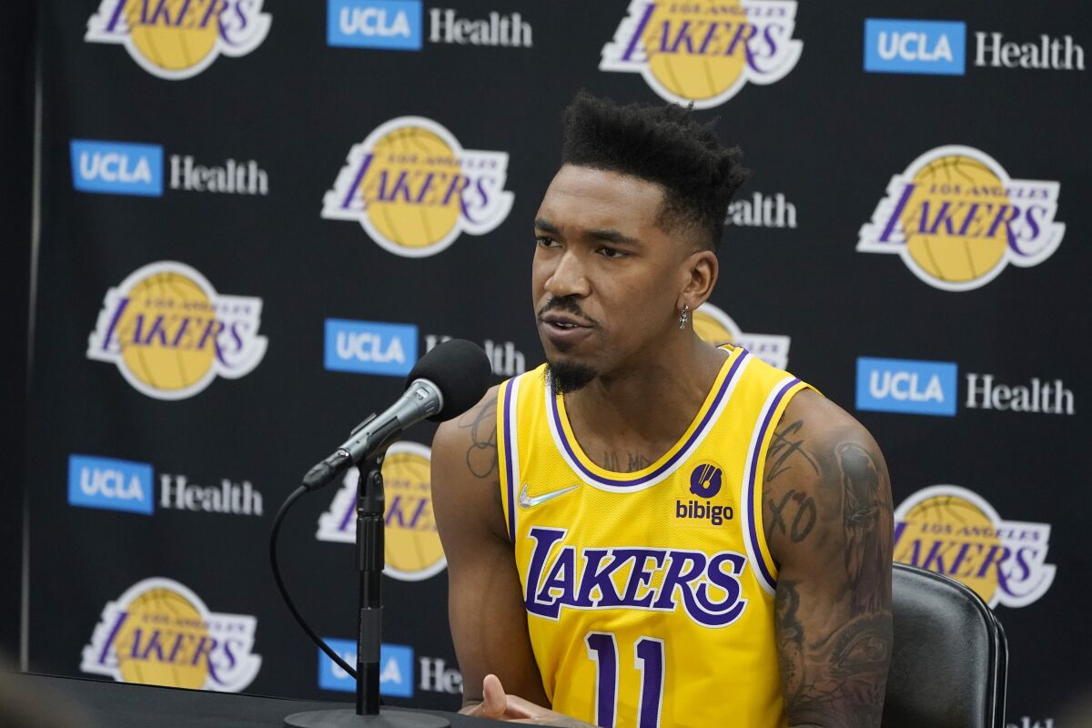 Los Angeles Lakers guard Malik Monk answers questions during the NBA basketball team.