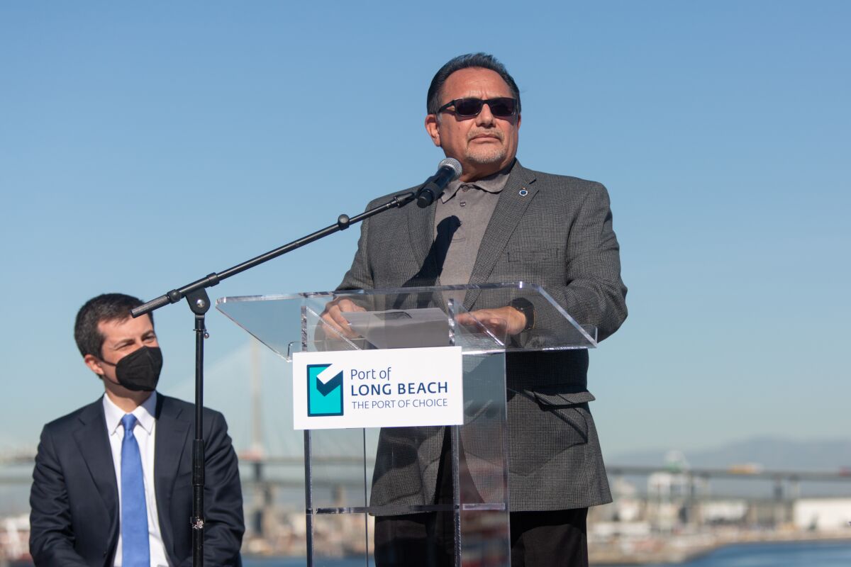Ron Herrera speaks during a news conference at the Port of Long Beach on Jan. 11.