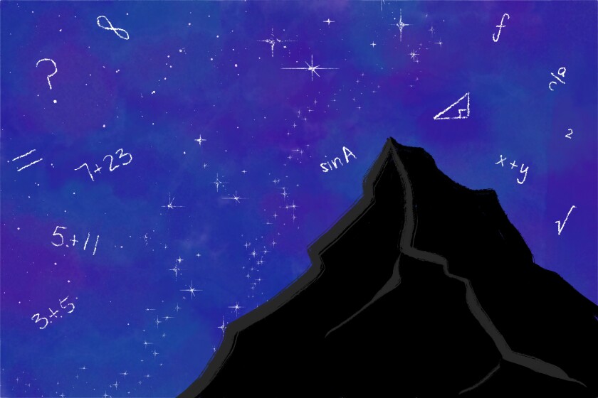 illustration of a mountain against a starry night sky filled with math symbols
