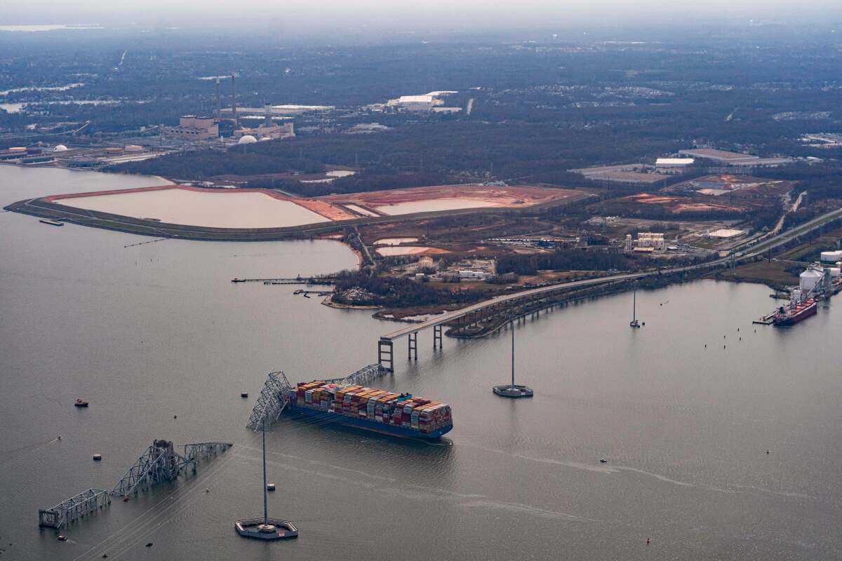 The Dali container vessel after striking the Francis Scott Key Bridge that collapsed into the Patapsco River.