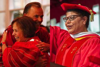 (L) Dr. Carol L. Folt, right, celebrates with USC Board of Trustees Chair Rick J. Caruso after being bestowed the Presidential Medallion of Office during Folt's inauguration as USC's 12th president on Friday September 20, 2019. Photo by Al Seib/Los Angeles Times (R) U.S. Rep. Karen Bass delivers the 2019 commencement at USC, May 10, 2019. Photo by Gus Ruelas.