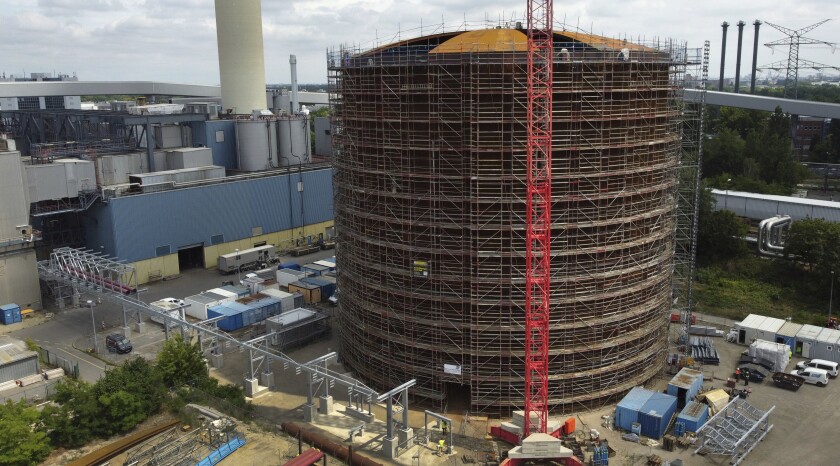 A vast thermal tank to store hot water is pictured in Berlin, Germany, Thursday, June 30, 2022. Power provider Vattenfall unveiled a new facility in Berlin on Thursday that turns solar and wind energy into heat, which can be stored in a vast thermal tank and released into the German capital's grid as needed, smoothing out the fluctuating supply problem of renewables. (AP Photo/Michael Sohn)