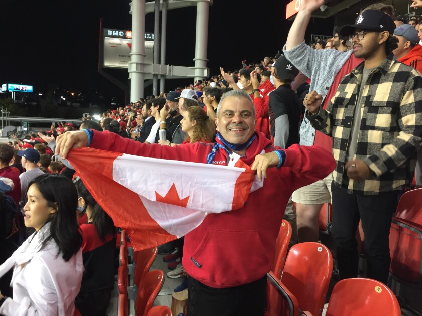 Anthony Totera cheers Canada’s 4-1 win over Panama in an October World Cup qualifier in Toronto.