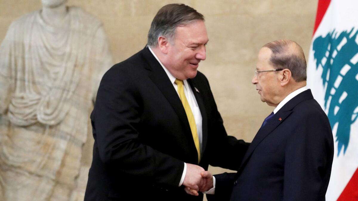 Secretary of State Michael R. Pompeo, left, meets March 22 with Lebanon’s President Michel Aoun at the presidential palace in Baabda, Lebanon.