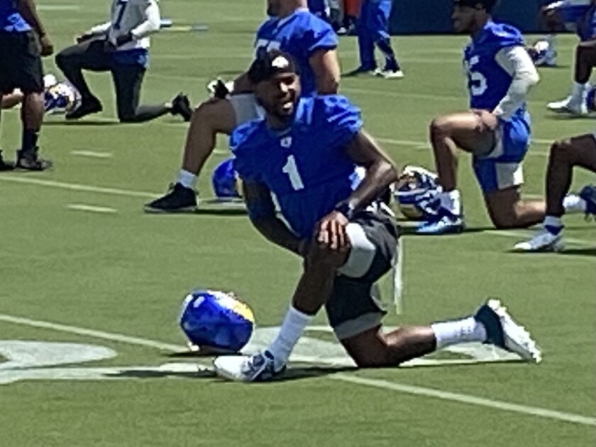 DeSean Jackson stretches on Day 2 of the Rams' three-day minicamp.