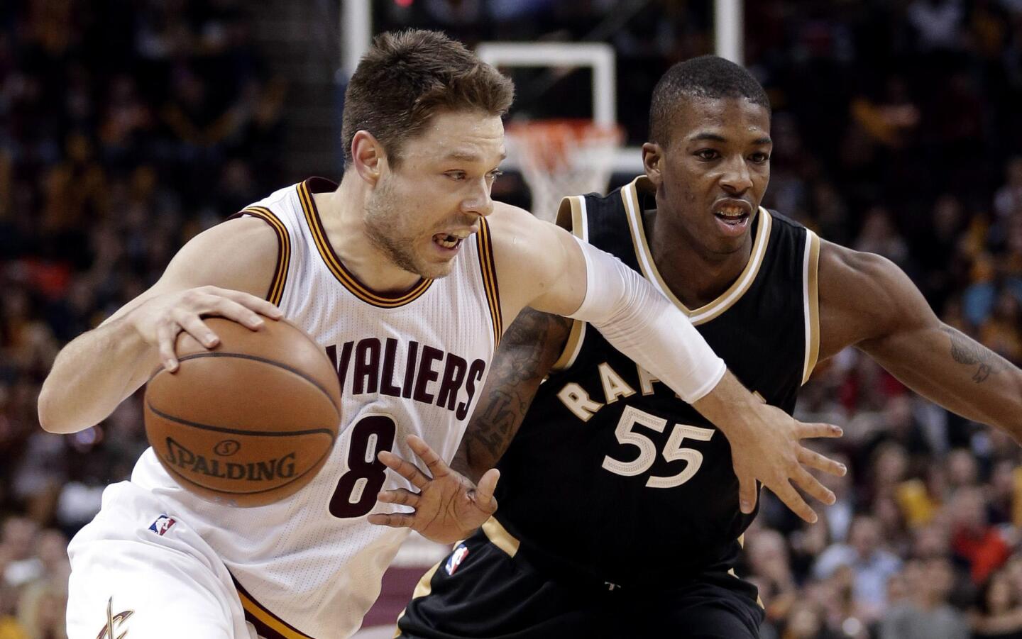 Cavaliers point guard Matthew Dellavedova, who is driving past Raptors guard Delon Wright during a game Jan. 4, is considered by many to be the NBA's dirtiest player.