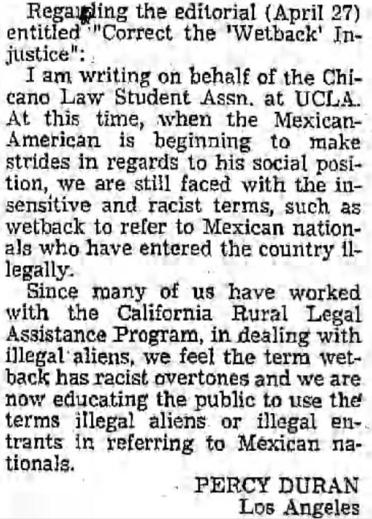 A  1970 letter to the Los Angeles Times by a Chicano student asking the paper use "illegal aliens" instead of "wetback"