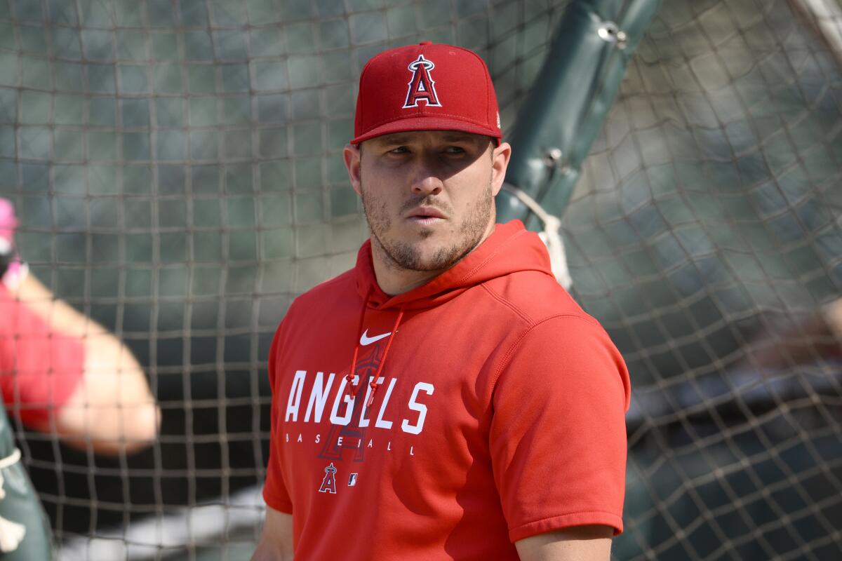 Angels center fielder Mike Trout takes part in batting practice before a game against the Baltimore Orioles on May 15, 2023.