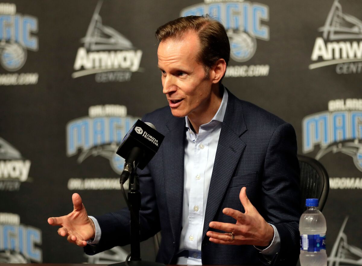 FILE - Jeff Weltman, Orlando Magic NBA basketball team president of basketball operations, answers questions at a news conference, Thursday, April 12, 2018, in Orlando, Fla. Jeff Weltman and the Orlando Magic have the No. 1 pick in Thursday's, June 23, 2022, NBA draft. (AP Photo/John Raoux, File)