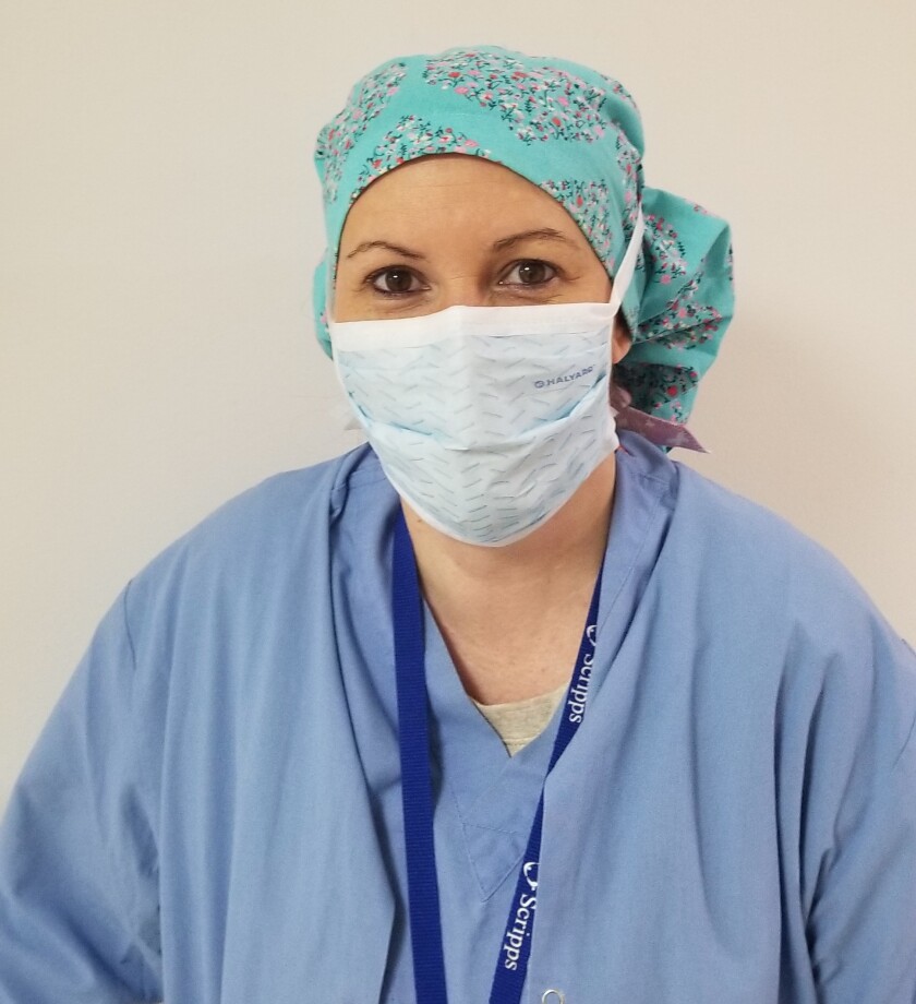Scripps Memorial Hospital La Jolla nurse Diana Belisario models a donated surgical scrub bouffant.