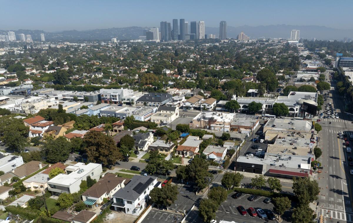 Aerial view of a sprawling residential area with skyscrapers on the horizon.