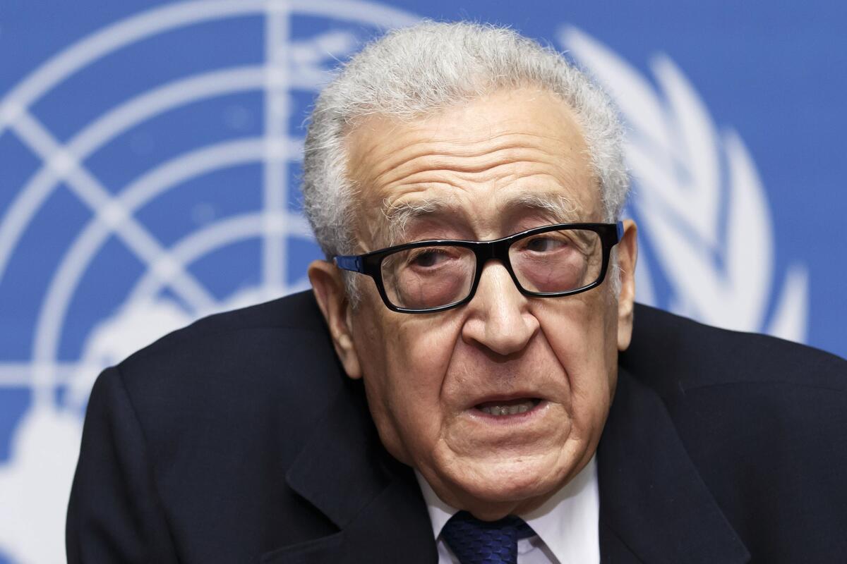 U.N. envoy Lakhdar Brahimi speaks at a news conference in Geneva, Switzerland, after the second round of peace negotiations between the Syrian government and opposition forces ended without any breakthroughs.