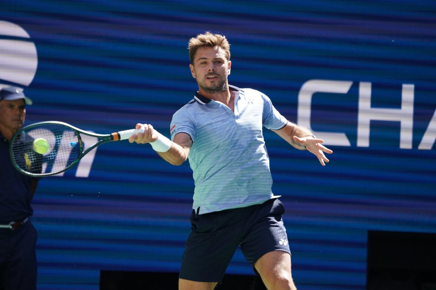 Stan Wawrinka of Switzerland plays against Daniil Medvedev of Russia during their Men's Singles Quarterfinal match at the 2019 U.S. Open at the USTA Billie Jean King National Tennis Center in New York on Sept. 3, 2019.