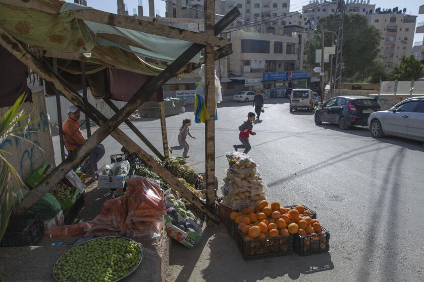 In this Tuesday, April 28, 2020 photo, a Palestinian vendor displays his vegetables in the street as the main vegetable market remains closed, part of lockdown and quarantine measures to protect residents from the coronavirus, in the West Bank village of Kufr Aqab. As the coronavirus pandemic gathered strength in April, community leaders in Kufr Aqab, a Palestinian neighborhood on the outskirts of Jerusalem, tried to impose lockdown and quarantine measures to protect residents. The problem: There are no police. Kufr Aqab is within city boundaries drawn up by Israel, but it's on the opposite side of Israel's separation barrier. That means neither the Israeli police nor Palestinian security forces are able to operate there. (AP Photo/Nasser Nasser)