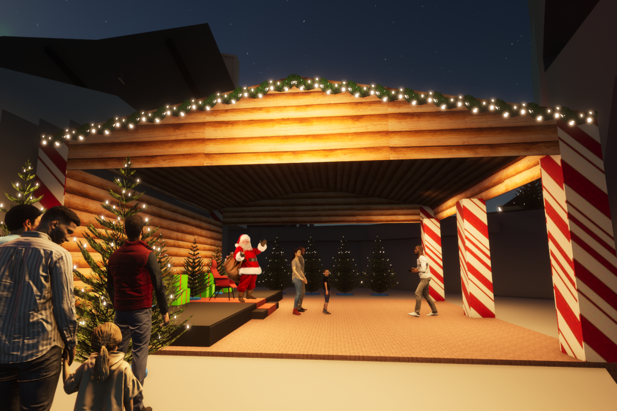 A computer rendering of Santa Claus meeting families at Dodger Stadium