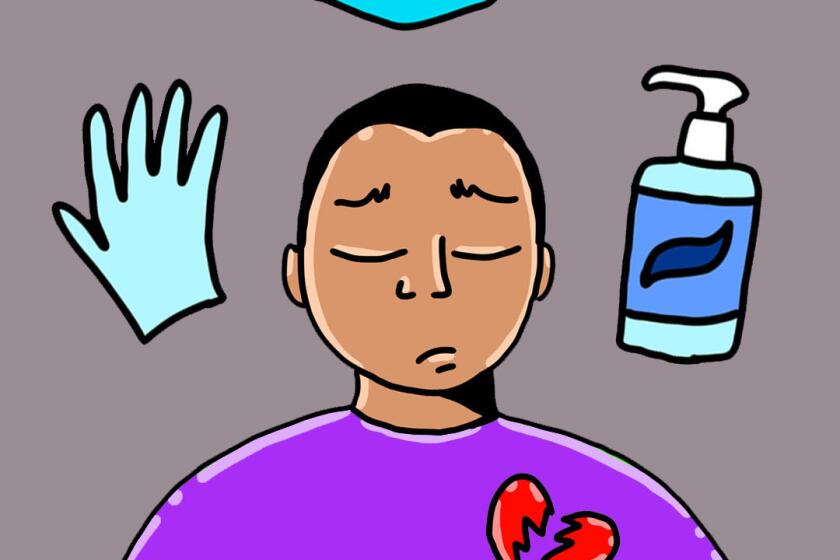 Illustration of the author surrounded by objects like gloves, mask and a martini 