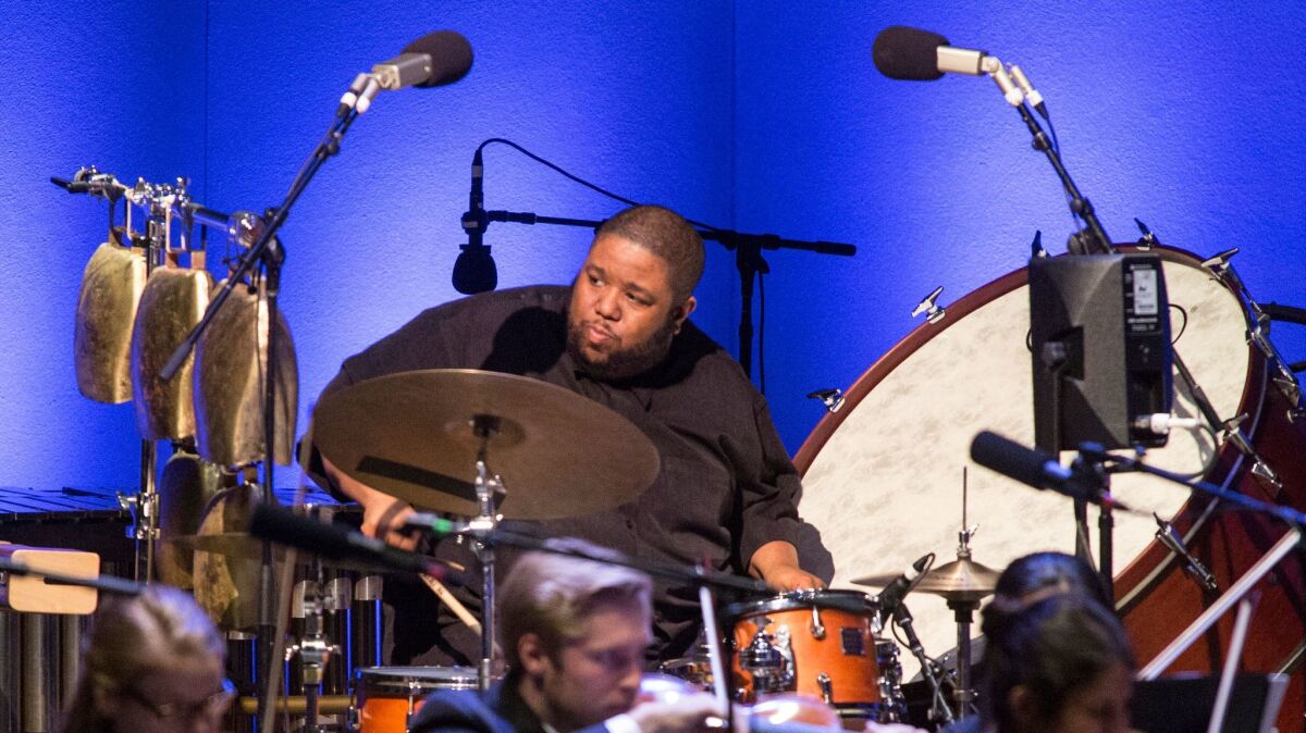Tyshawn Sorey on drums Thursday night in Libbey Bowl at the Ojai Music Festival.