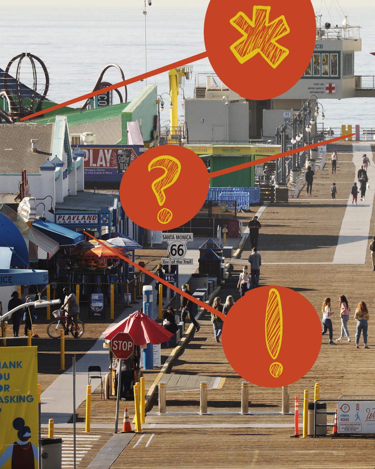 Santa Monica Pier with illustrated points of interest.
