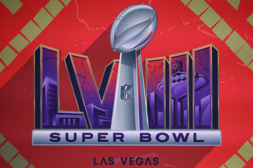 LAS VEGAS, NV - FEBRUARY 05: A general view of a Super Bowl logo during the Super Bowl LVIII.