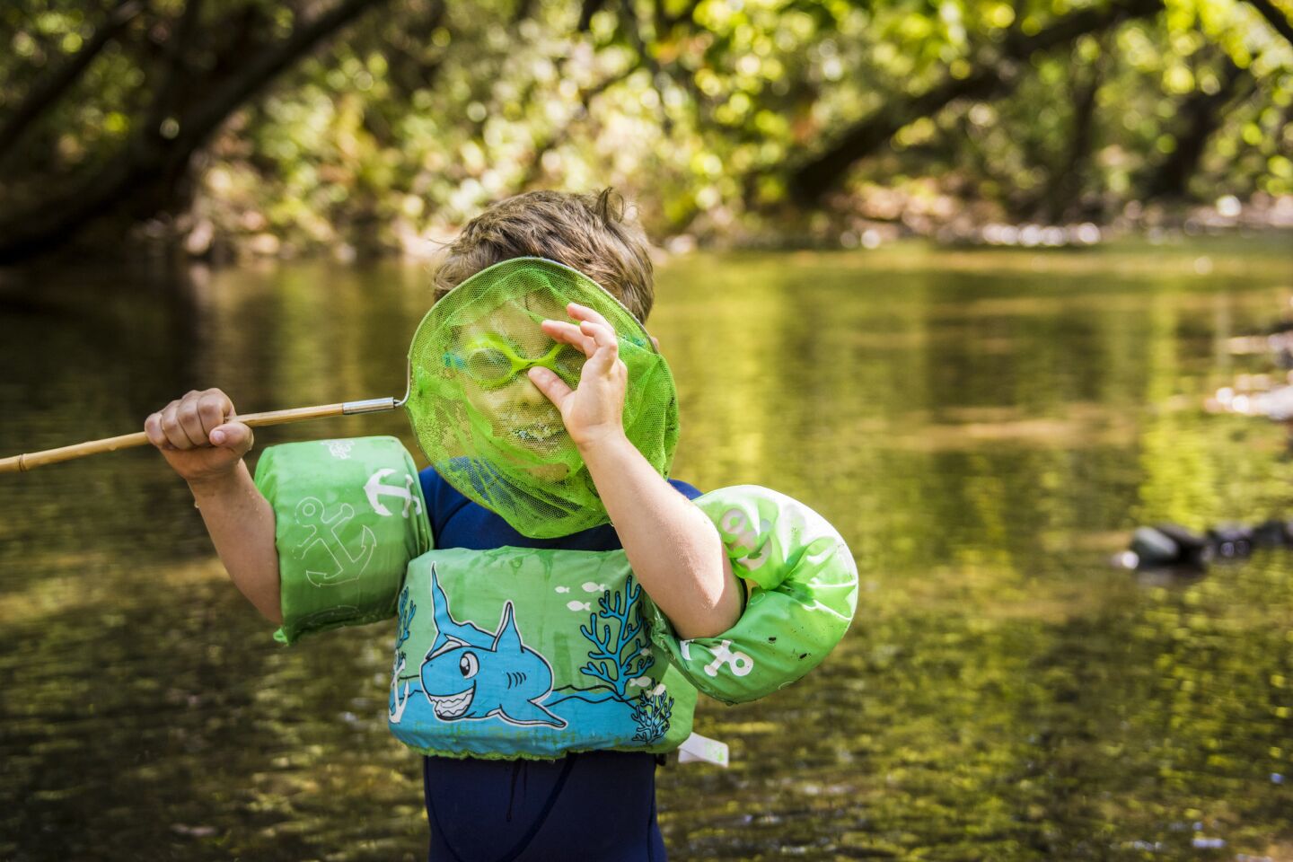 Boy with floaties and goggles peeks through net in creek at Bidwell Park, Chico, Calif.