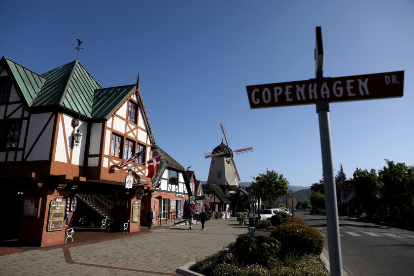 SOLVANG, CA - APRIL 25: Downtown along Alisal Rd. on Tuesday, April 25, 2023 in Solvang, CA. The Rainbow House, host its first community "werk" shop for the LGBTQ community at Craft House. Husbands Matthew Cavalli, 43, and Kiel (cq) Cavalli, 41, of Solvang, who started an LGBTQ nonprofit in Solvang have received death threats. On Monday, April 24, at 6:30 p.m., the City Council is considering a motion to allow Pride banners to be hung throughout town; the council previously denied it. (Gary Coronado / Los Angeles Times)