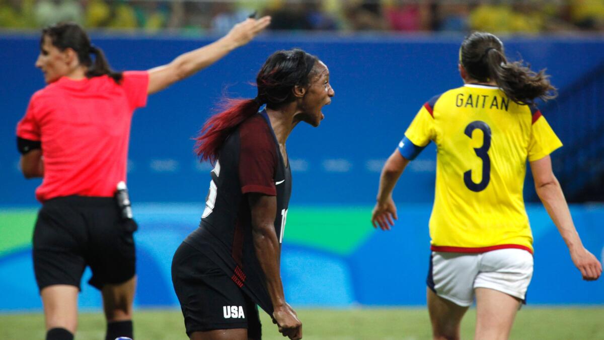 U.S. midfielder Crystal Dunn celebrates after scoring against Colombia during a Group G game on Tuesday.