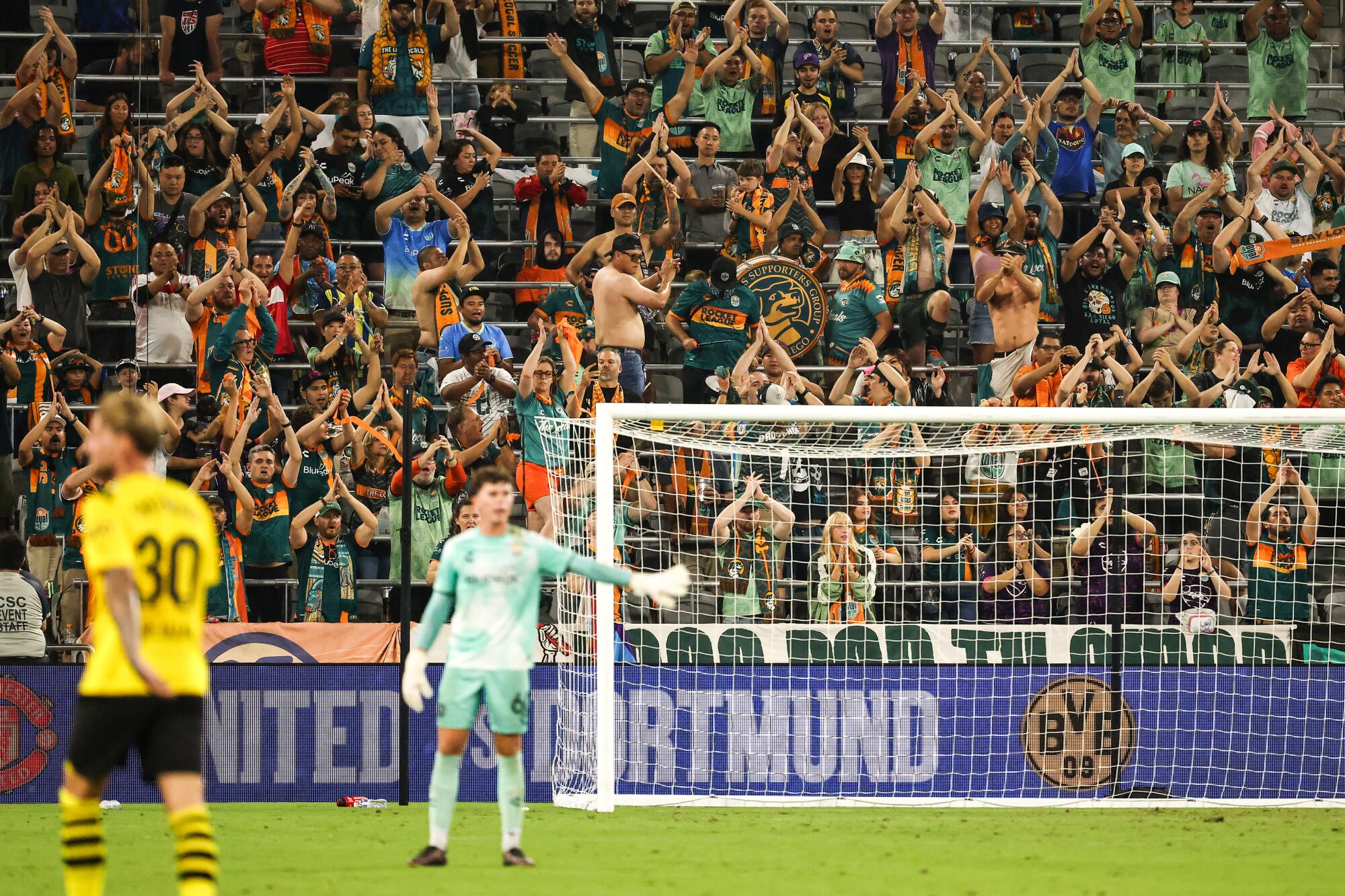 Loyal San Diego fans cheer during a July 27 friendly match against Borussia Dortmund at Snapdragon Stadium.