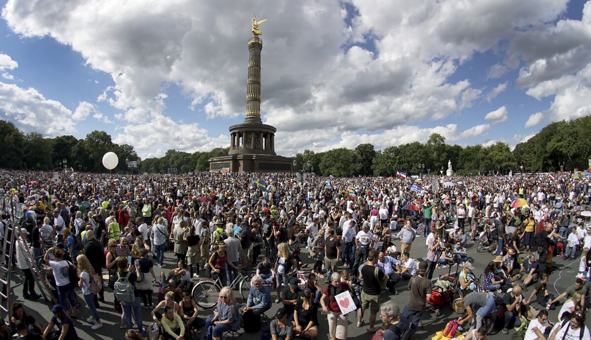 Thousands attended a protest in Berlin against new coronavirus restrictions in Germany on Saturday.