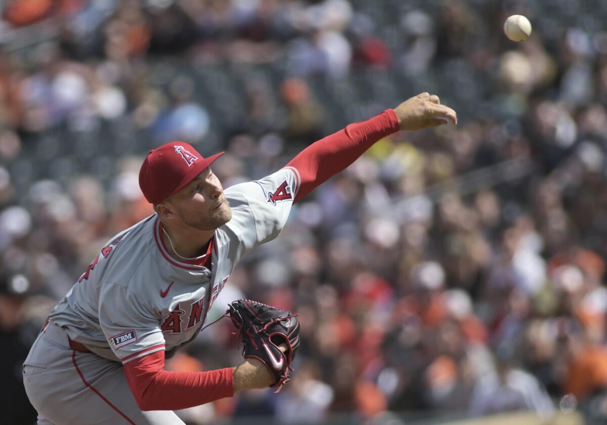 Angels starting pitcher Reid Detmers delivers against the Baltimore Orioles.