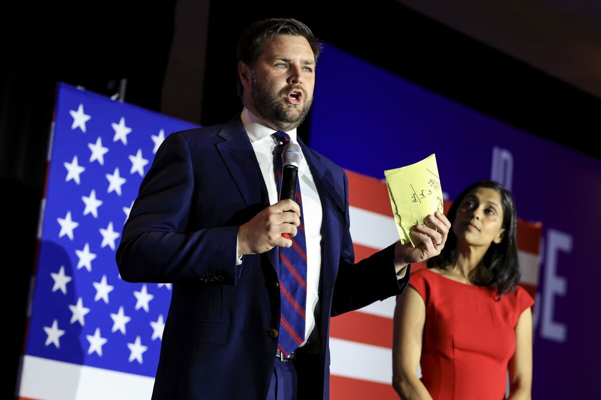 Republican Senate candidate JD Vance speaks to his supporters during an election night watch party, Tuesday, May 3, 2022, in Cincinnati. (AP Photo/Aaron Doster)