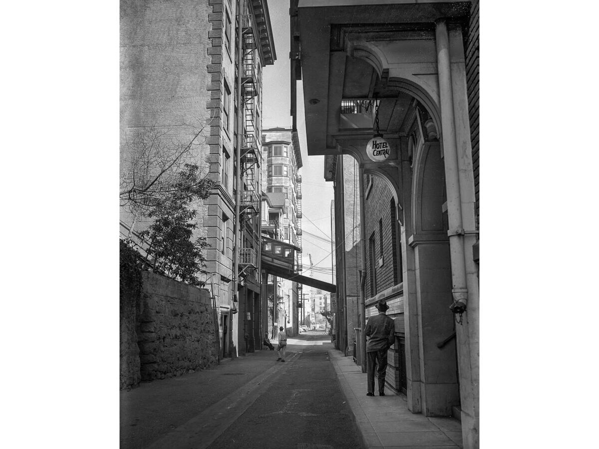 November 1955: Angels Flight as it crosses Clay St. in downtown Los Angeles. This photo was published in the Nov. 20, 1955, Los Angeles Times as part of the Know Your City photography series.