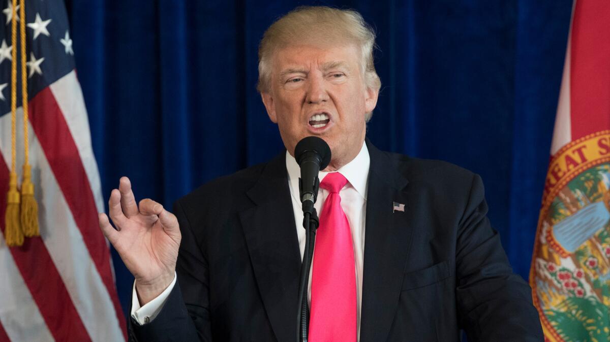 Republican presidential candidate Donald Trump discusses U.S.-Russia relations at a news conference in Doral, Fla. on July 27.